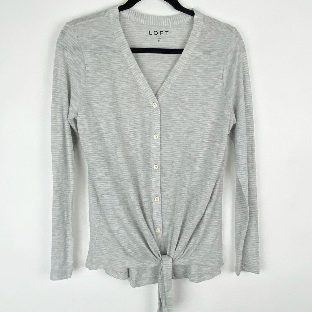 Loft Ann Taylor Gray Stripe Cotton Blend Tie Front Cardigan‎ Women M New